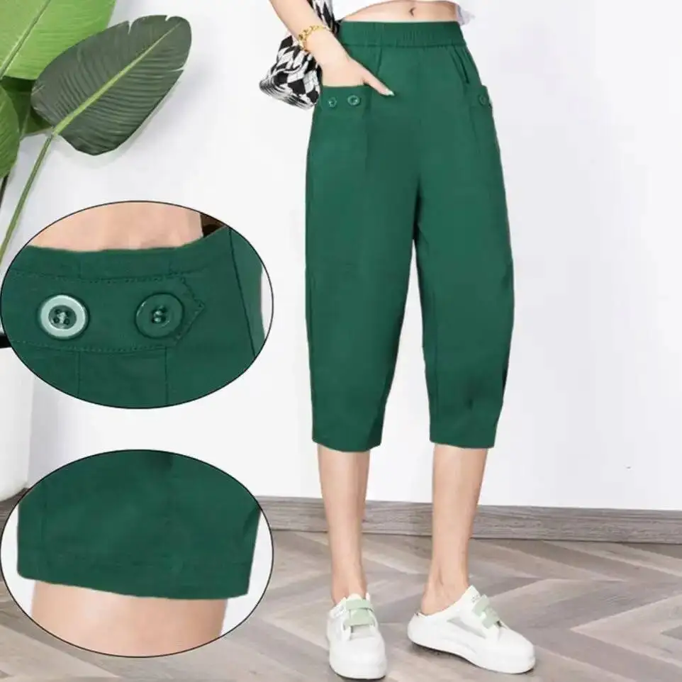 Women Capris Pants  2025 Summer Casual Loosesolid Color Calf-Length Pants Fashion Large Pocket Elastic Waist Harem Pants