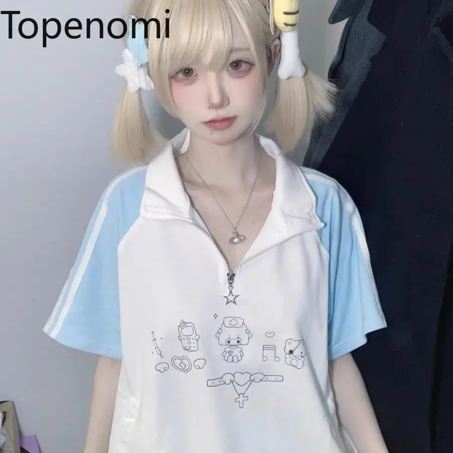 

Kimotimo Japanese Preppy Style Cartoon Print T-shirts Women Contrast Color Stand Collar Loose Y2k Tops Summer Sweet Casual Tees