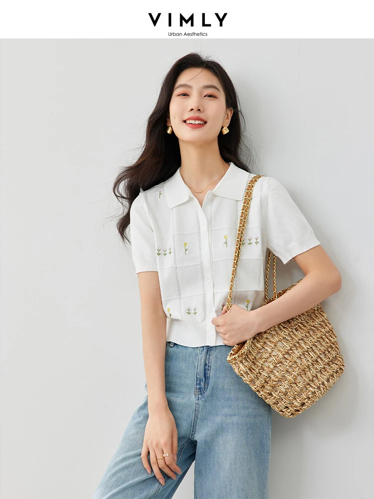 VIMLY Solid upright Shoulder Polo Shirt Knitwear Women 2024 Summer Casual Embroidered T-shirt Blouse Cardigan Top 73052