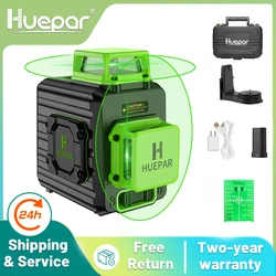 Huepar 2 x 360 Linea trasversale Livello laser autolivellante Batteria agli ioni di litio con raggio verde con porta di ricarica di tipo C e custodia rigida