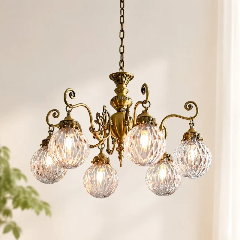 French Retro Multi Head Glass Pendant Lights Luxury Copper Metal Hanging Lamps Living Room Bedroom Restaurant Ceiling Chandelier