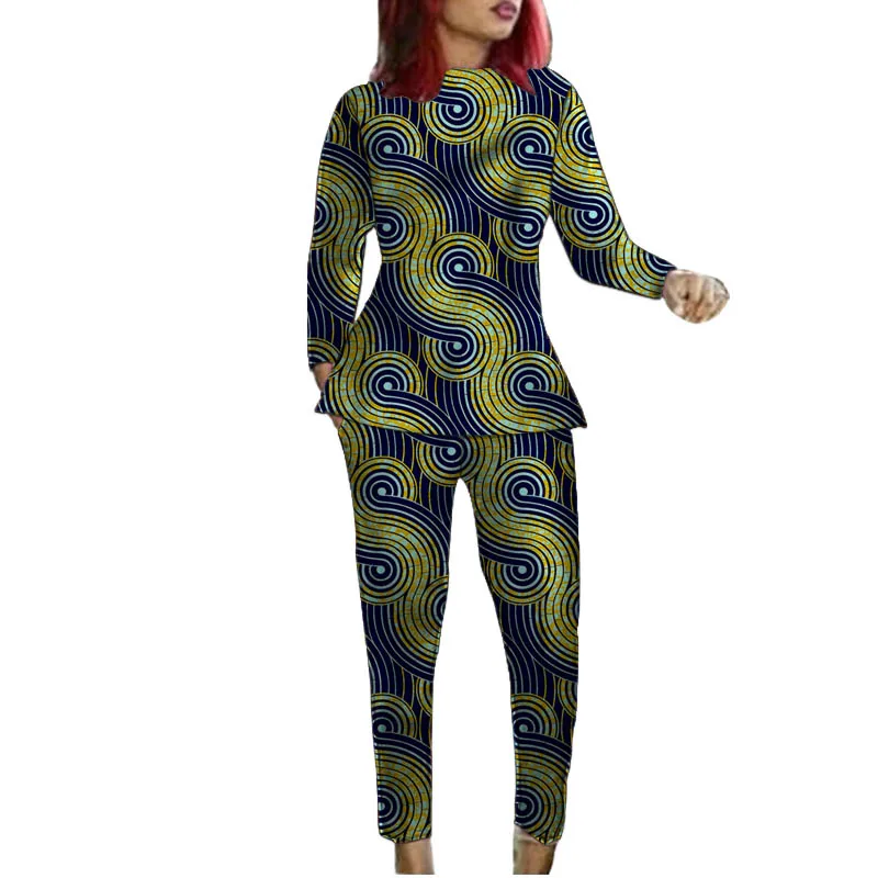 Women Long Sleeve Set African Print Pullover Shirt Patch Pant Nigerian Fashion Lady's Ankara Outfits Festival Garments