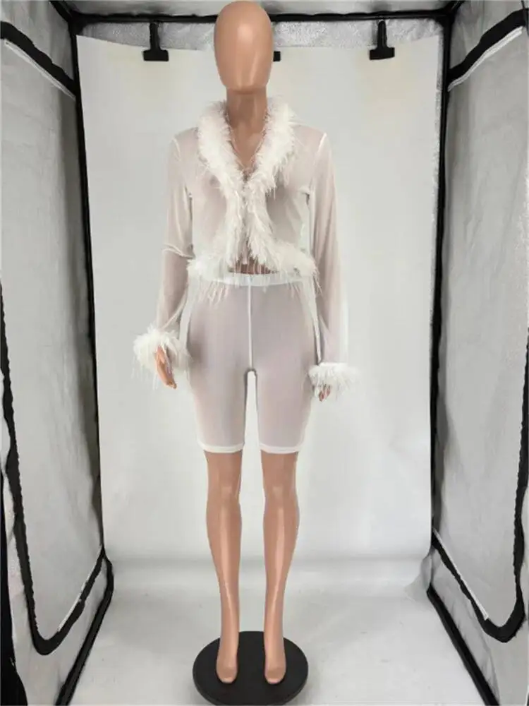 섹시한 시스루 2 피스 세트 여성 깃털 패치 워크 풀 슬리브 탑 + 스키니 반바지 미드나잇 클럽 파티 트렌드 슈트 EOB8