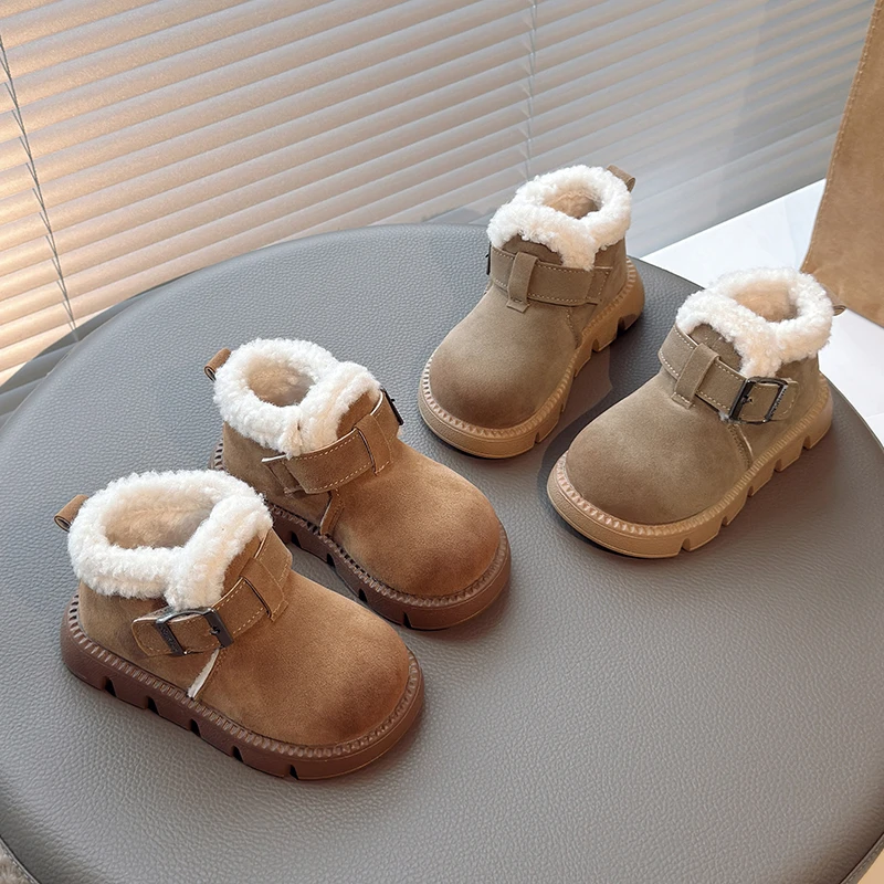 

2025 Winter Children Cotton Boots Khaki Padded Thickened Boys Girls Casual Shoes Camel Lightweight Non-slip Kids Ankle Boots