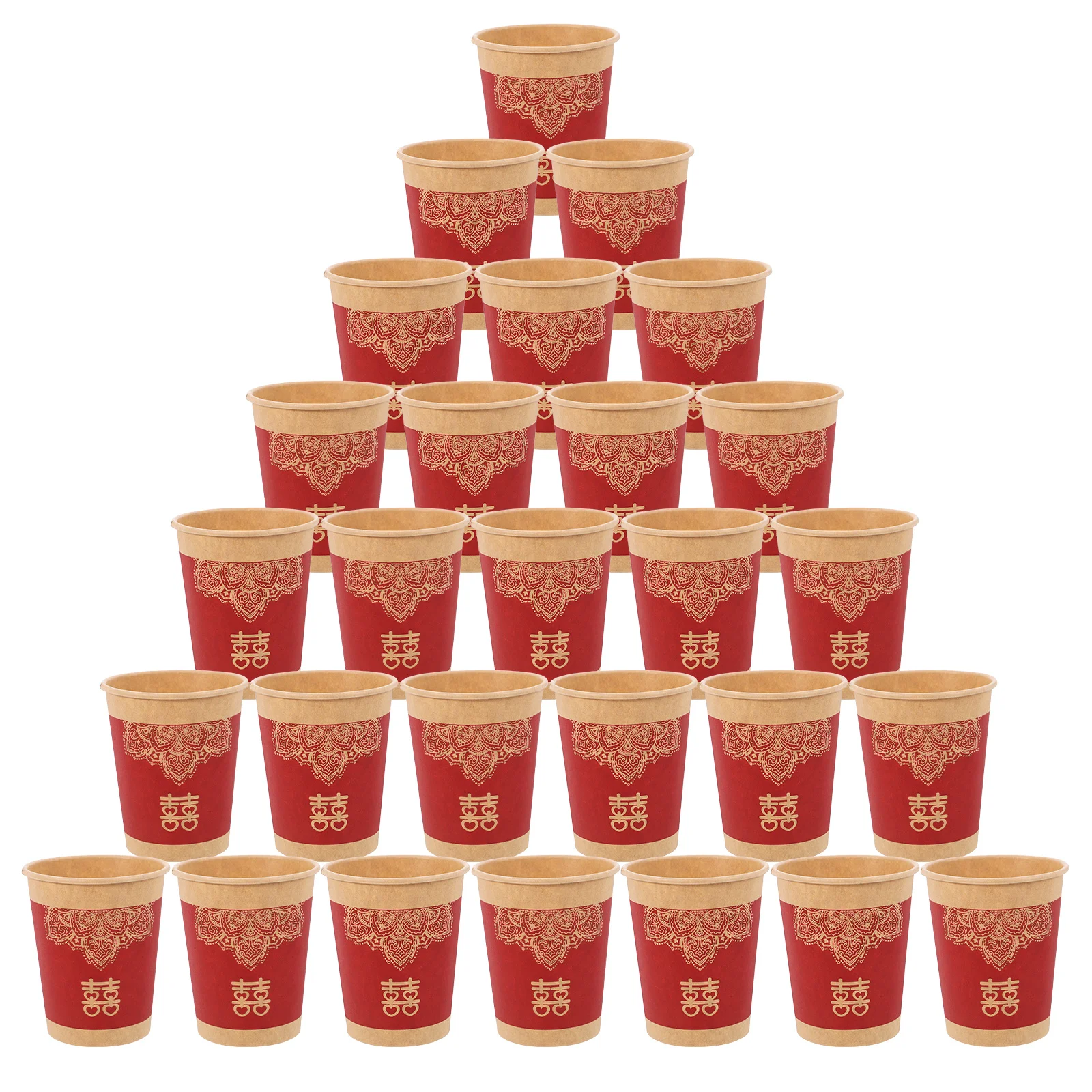

50Pcs Chinese Wedding Paper Cups Double Happiness Symbol Disposable Tea Cups Floral Design Wedding Reception Drinkware
