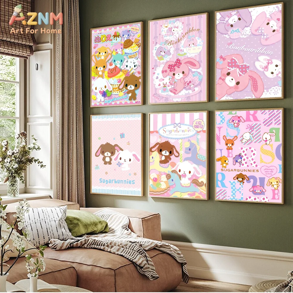 AZNM Sugarbunnies Bonbonribbon Pink Cute Rabbit Cartoon Canvas Wall Art Unframed Girls Room Decor Poster