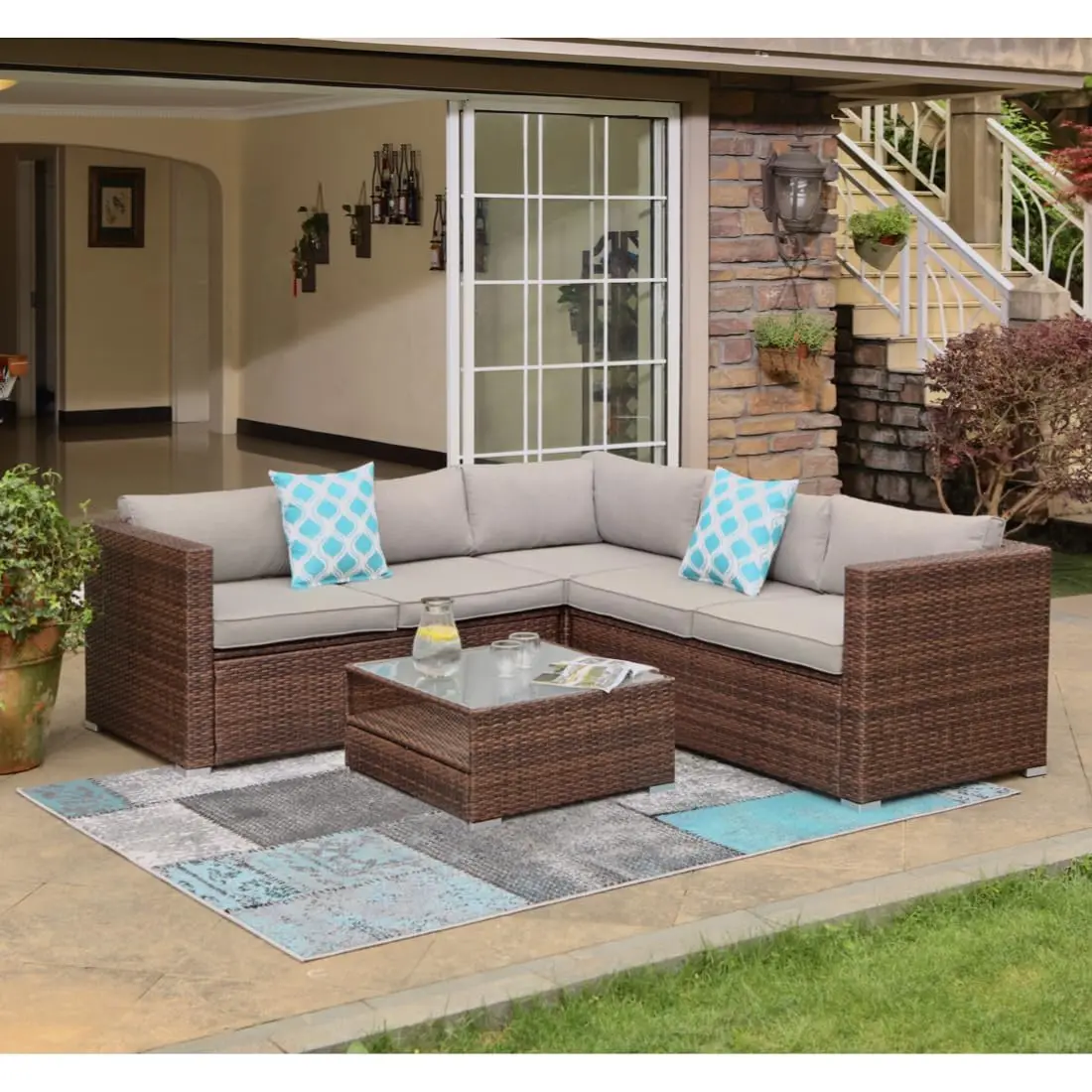 

4-Piece Outdoor Furniture Set All-Weather Wicker Sectional Sofa Thick Cushions Glass Coffee Table 2 Teal Patio Dining Beach