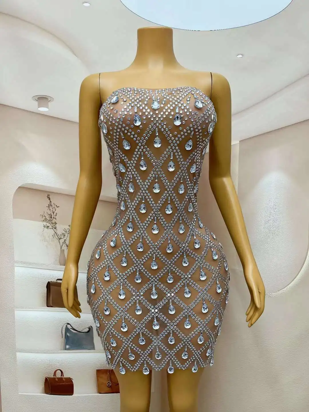 Women Shiny Rhinestone  See Through Dress Evening Gowns Banquet Birthday Party Bodycon Crystals One Shoulder Club Prom Dress