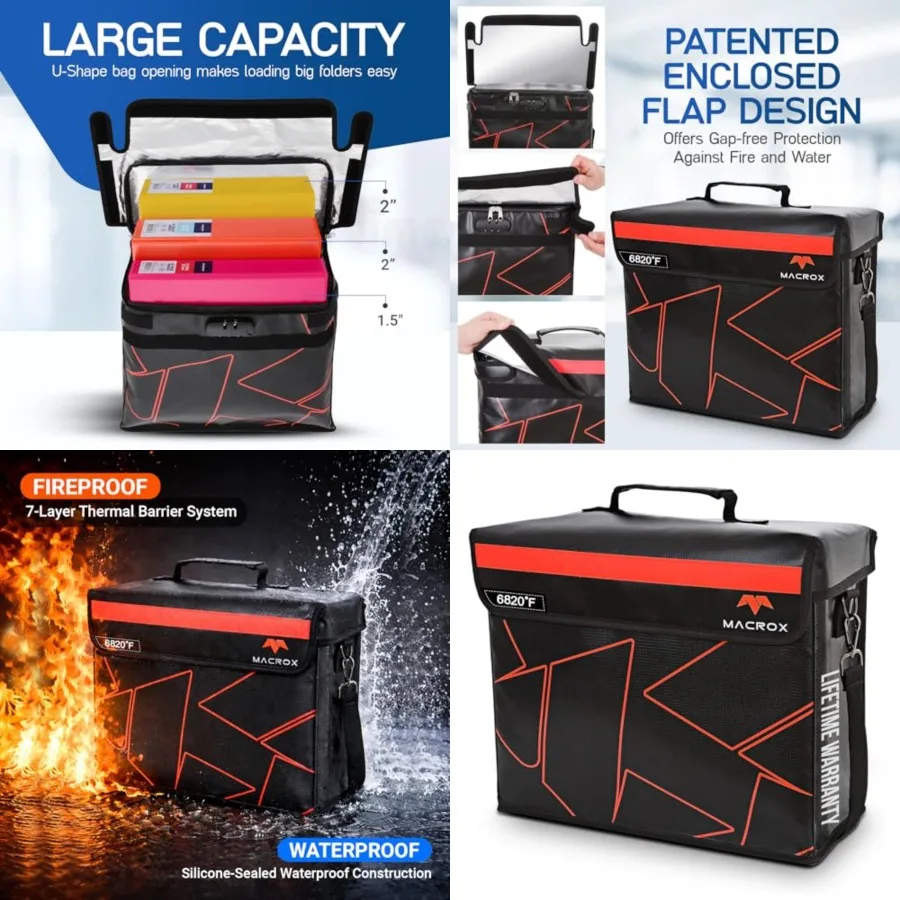 

Fireproof and Waterproof Document Bag with Lock, 6200℉ Insulated, Patented Enclosed Flap Design, Heavy Duty Fire Safe Storage B