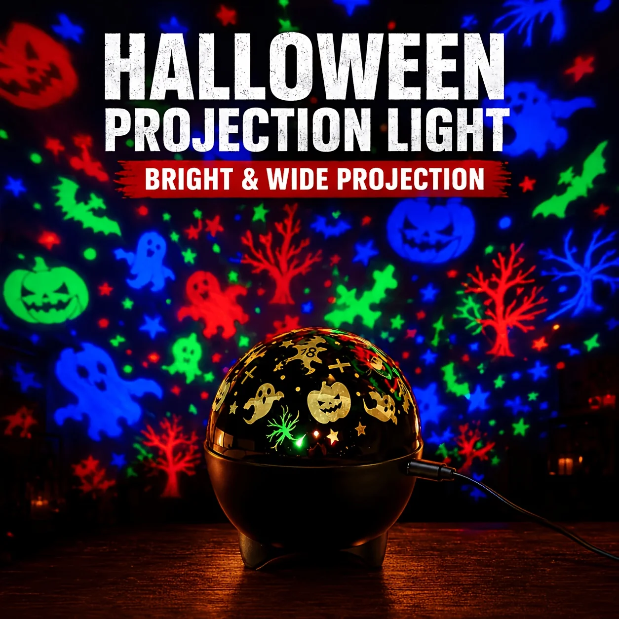 Halloween Atmosphere Pattern Dynamic Projection Light 7 Colors USB Powered Auto Color for Indoor Holiday Birthday Parties Decor