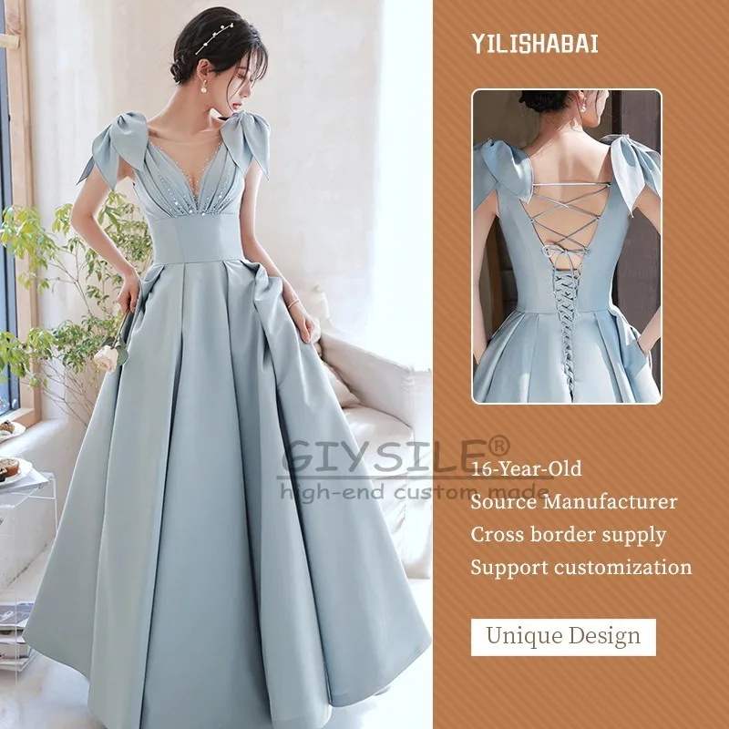 

GIYSILE Blue Satin Evening Dress V-neck Short-sleeved Female 2025 New French Backless Socialite Temperament Slim Party Dresses