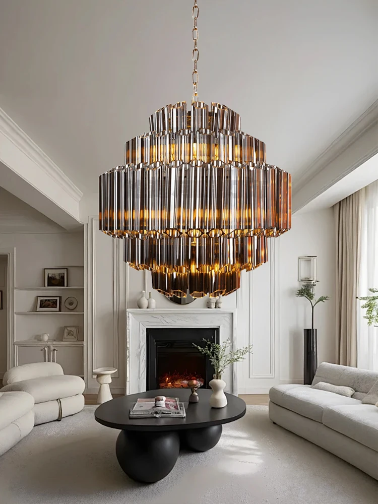 

Современные французские хрустальные люстры 2026 года, светодиодные диммируемые люстры класса люкс E14, янтарно-серые светильники для фойера и зала