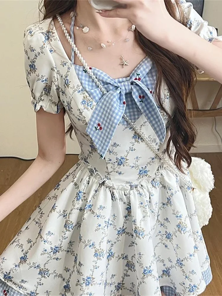 Jmprs lindo vestido Floral con lazo mujeres Kawaii dulce Mini vestido de manga corta Casual Vintage ajustado estilo Preppy señora Japón vestido de Lolita