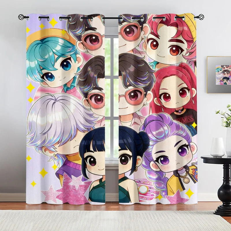 2pcs Kawaii Kpop Chibi Idol Curtains Cute Anime Group Print Blackout Drapes Aesthetic Purple Star Background Curtains for Teens