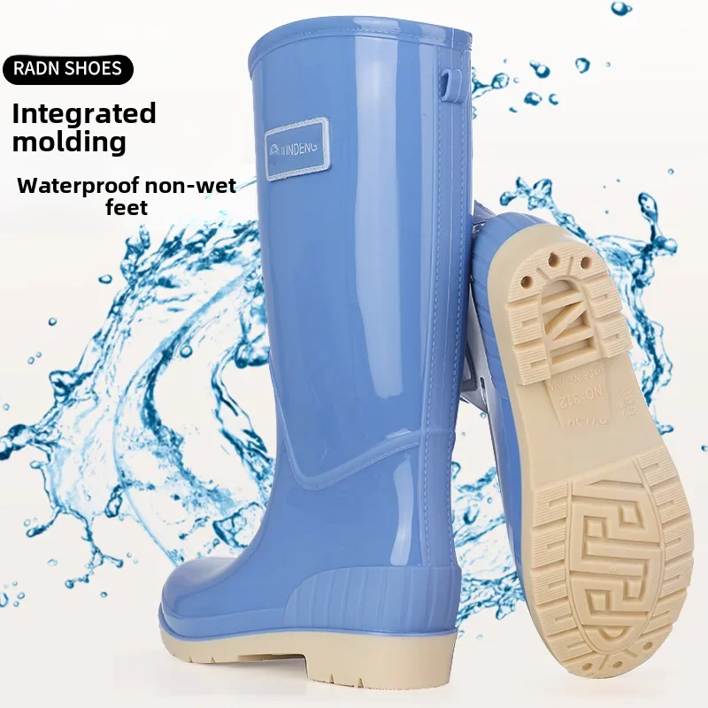 2024 New Women's High-top Waterproof Fleece-lined Rain Boots Anti-slip Adult Fashion Outerwear Long-booted Kitchen Footwear