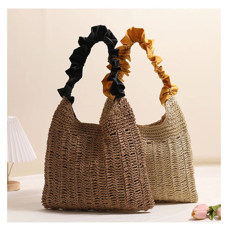 Tas Anyaman Jerami dengan Ruffle, Tas Selempang Warna Solid Model Terbaru, Tas Pantai Liburan, Tas Bahu Wanita, Tas Tangan Wanita Unik