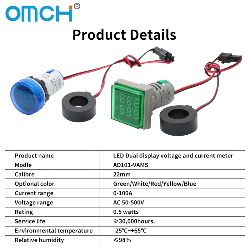 OMCH 1PCS 22MM AC 50-500V 0-100A Rotondo/Suqare Mini LED Doppio Display Digitale Tester Volt Amp Tester Rivelatore