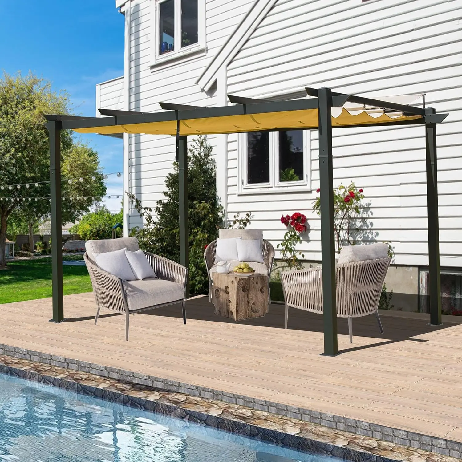 

Domi 9' x 13' Outdoor Retractable Pergola Against The Wall Modern Grape Trellis with Sun Shade Canopy Patio Aluminum Shelter Wal