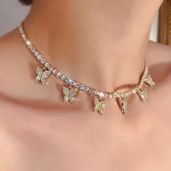 Classic Fashion Butterfly Pendant Necklace Golden Silver Color Crystal Chain Chokers Necklaces for Women Party Elegant Jewelry