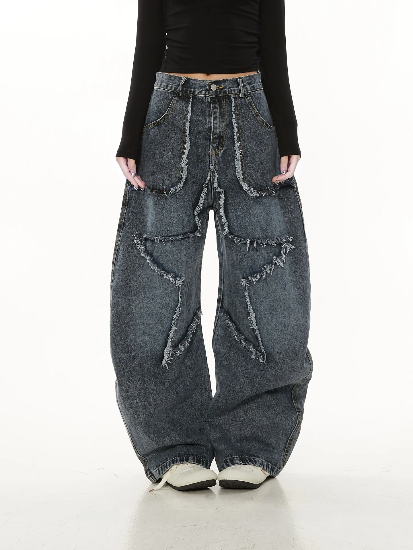 

Washed Vintage Star Embroidery Wide Leg Jeans Women's Casual Loose Fit Denim Pants Spring Autumn New Style Gradient Brand