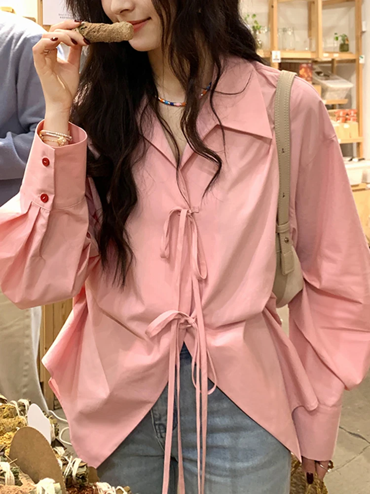 

Модный уличный свободный женский пуловер во французском стиле ретро на шнурке, однотонные женские пуловеры, синий простой базовый топ с длинными рукавами