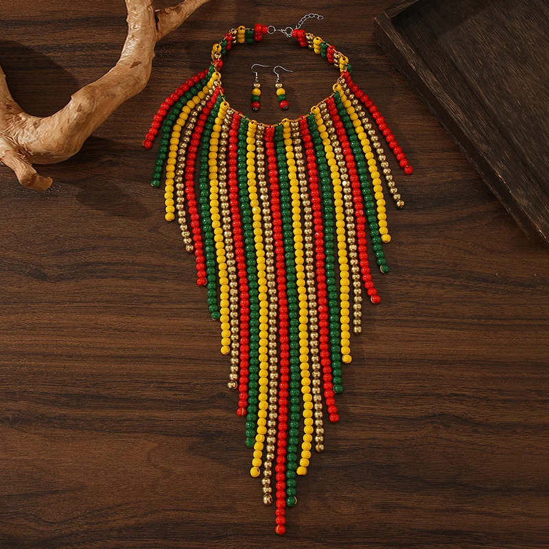African Wood Beads Multi-layer Tassel Necklace Earrings Set Bohemia Colorful Beaded Choker for Women Jewelry Set Wedding Party
