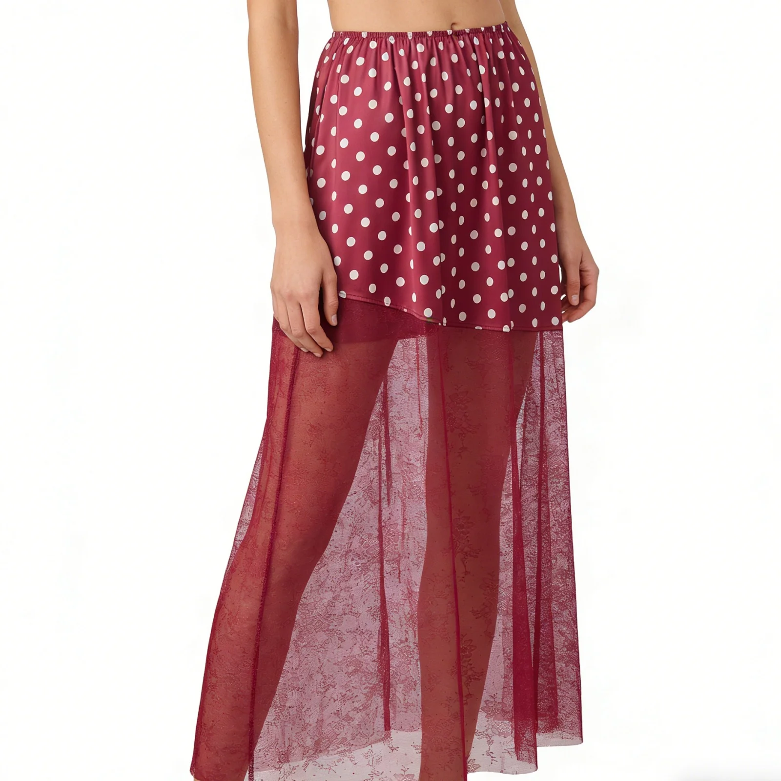 

Women Satin Dots Print Midi Skirt Vintage Elastic Waist Lace Patchwork Summer Skirts Streetwear for Casual Daily