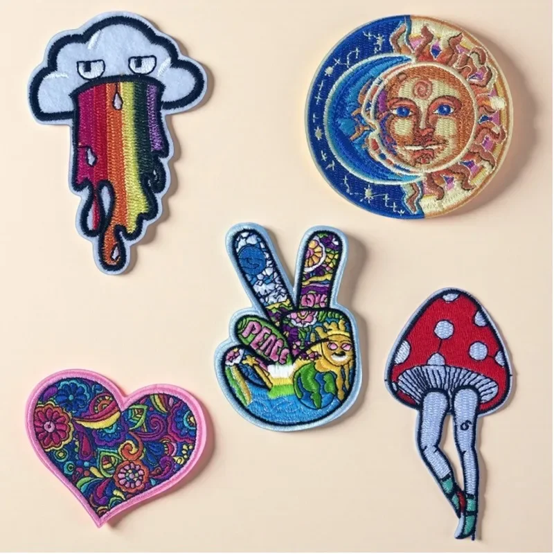 

Цвет Хип-Хоп Ветер Радуга Любовь Мир V Жест Солнце Луна Гриб Нога Одежда Клейкая Вышивка Ткань Наклейка