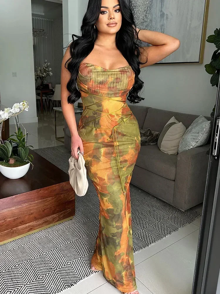 Sexy Tie Dye Drucken Bodycon Maxi Kleid Frauen Ärmellose Spaghetti Strap Backless Lace-up Party Nacht Club Lange Kleider vestidos