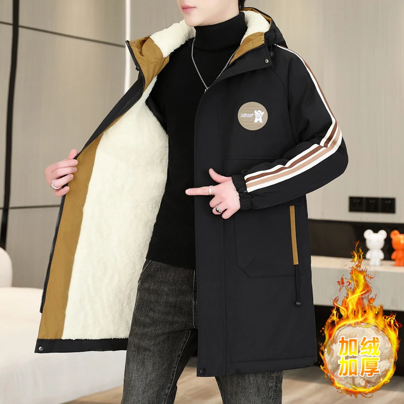 Зимняя повседневная флисовая куртка 2025 года, мужская ветрозащитная толстая плюшевая куртка средней длины, верхняя одежда со съемным меховым воротником, верхние парки, теплые парки с капюшоном
