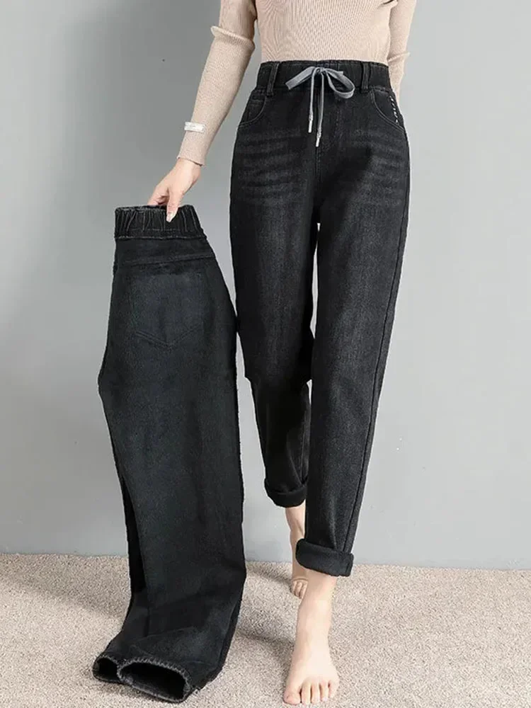 Jeans sarouel surdimensionnés pour femmes, pantalons en denim taille haute, velours ajouté, optique noire, chaud, baggy, coréen, FJZ264, 95kg, hiver