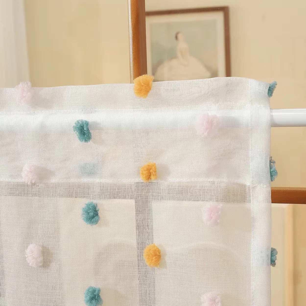 1pc Clear Polka Dot Ball Lace Curtain, Top Rod Pocket Hanging, Suitable for Living Room, Bedroom, Kitchen, Balcony, Garden, Coff