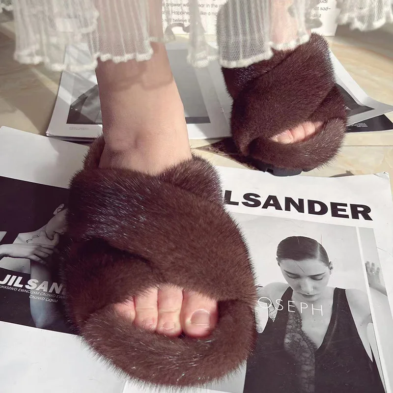 Women Fur Slippers Real Fluffy Mink Cross Slippers Ladies Shoes New Arrival 2024  Designer Low Heel Keep Female Slides