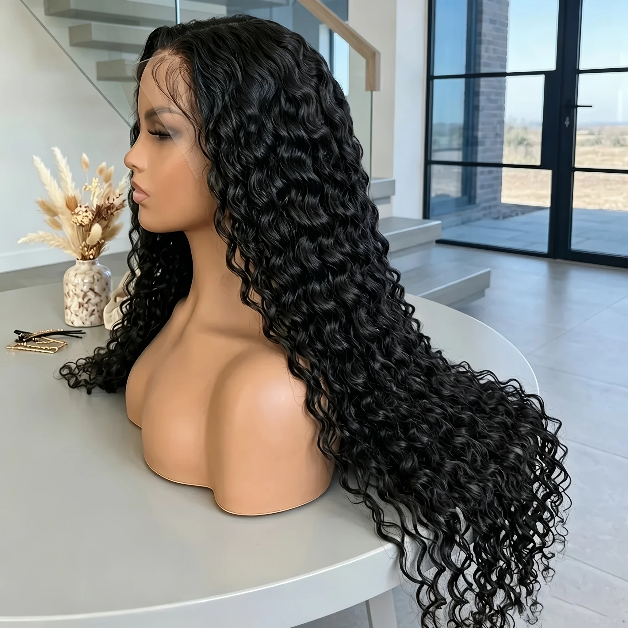 32 34 Inch 13x4 HD Deep Wave Lace Front Wig 250% Density Wet And Wavy Human Hair Wig Brazilian Virgin Curly Human Hair Wig For Women Glueless Lace Frontal Wigs With Baby Hair Pre Plucked Hairline Natural Color