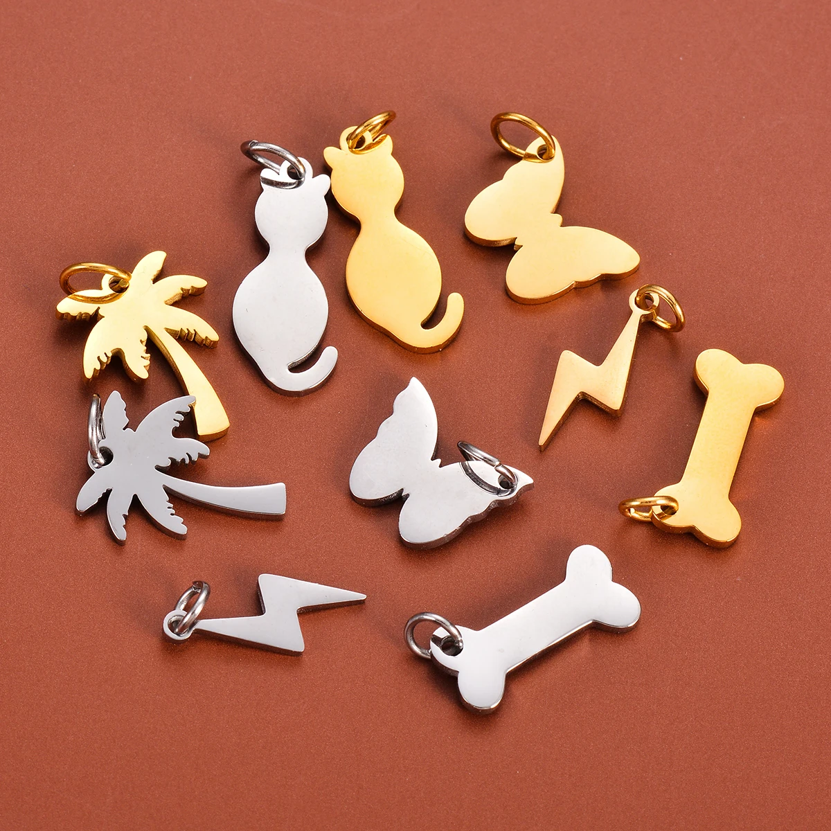 5Pcs/Lot Mini Stainless Steel Charms Fashion Metal Butterfly Cat Dog Bones Tree Lightning Pendants for Making DIY Jewelry Craft