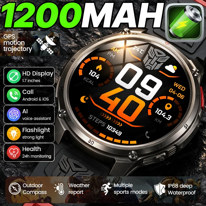 New Transformers Smart Watch Outdoor 1200mAh Battery Compass LED Flashlight IP68 Waterproof Bluetooth Call Men Sports Smartwatch
