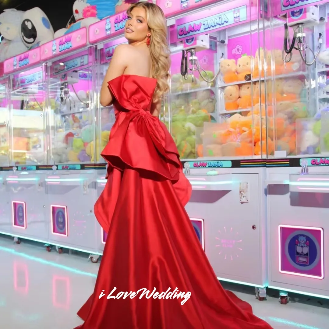 Red Strapless Prom Dresses 2025 Satin Sleeveless Mermaid Bow Side Split Floor-Length Sweep Train Wedding Party Dress Customized