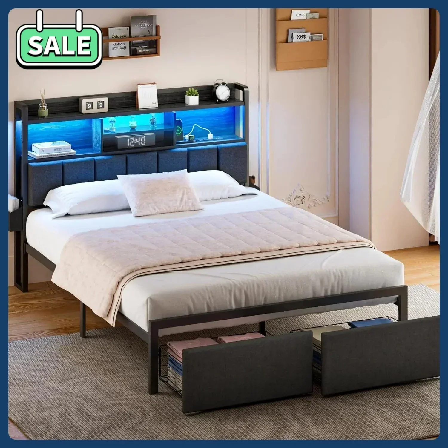[Discounted Price!Free Shipping!]Hot-sellingQueen Bed Frame with Storage Drawers, Upholstered Headboard   Shelf,LED L