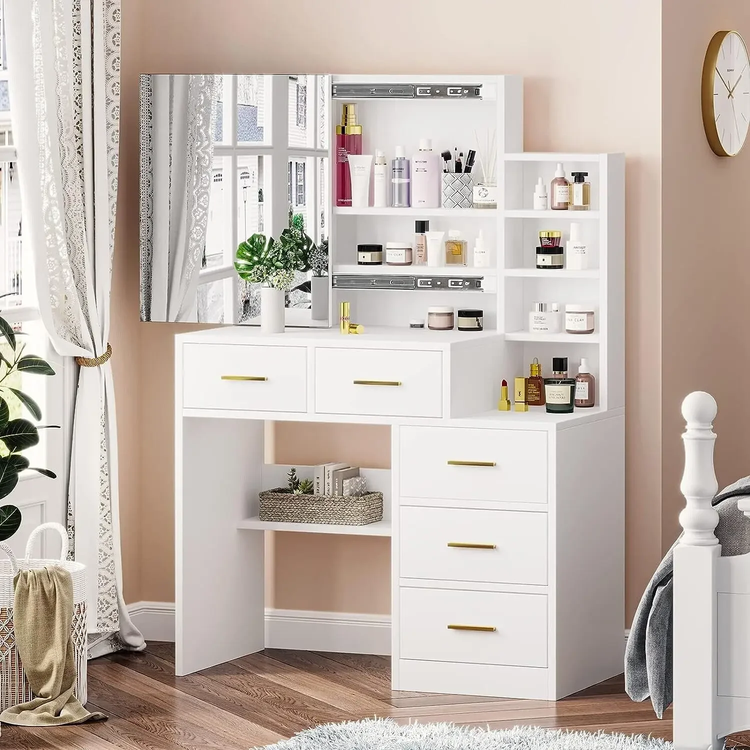 Click to enlarge Makeup Vanity with Sliding Mirror, Vanity Desk with Hidden &Open Storage Shelves