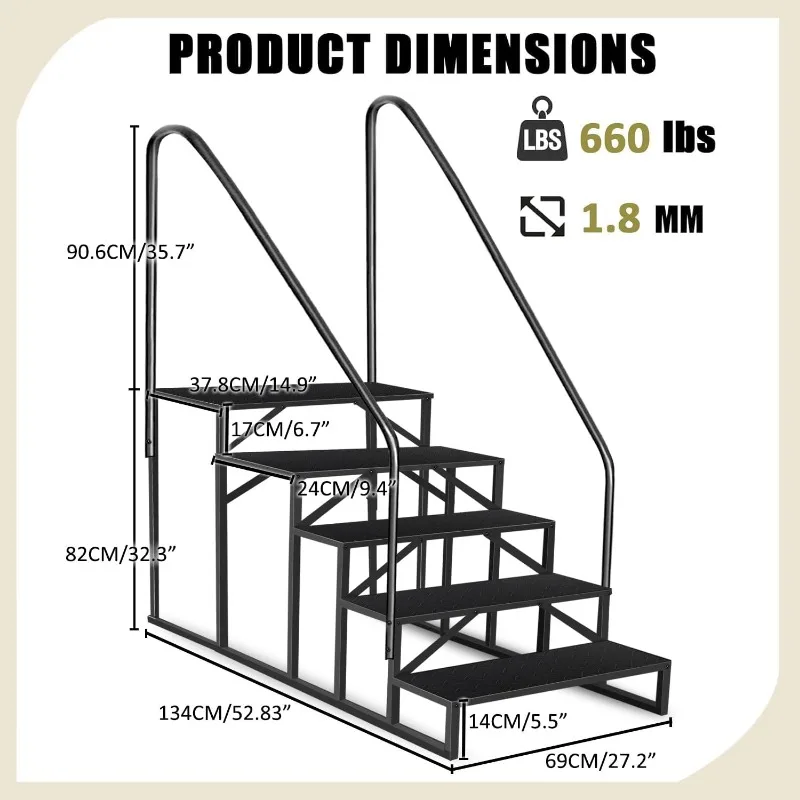 Step Ladder, Step Stool with Handle, Heavy Duty Pool Ladder Above Ground 660Lbs, Camper Steps Outdoor Steps RV Stairs for Reachi