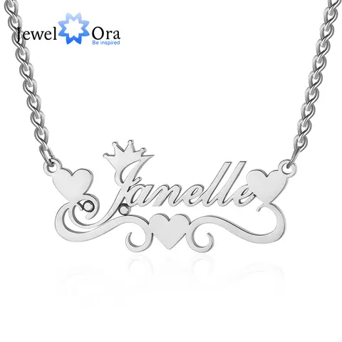 JewelOra Personalized 925 Sterling Silver and Stainless Steel Nameplate Necklace with Crown and Three Heart Gift for Christmas