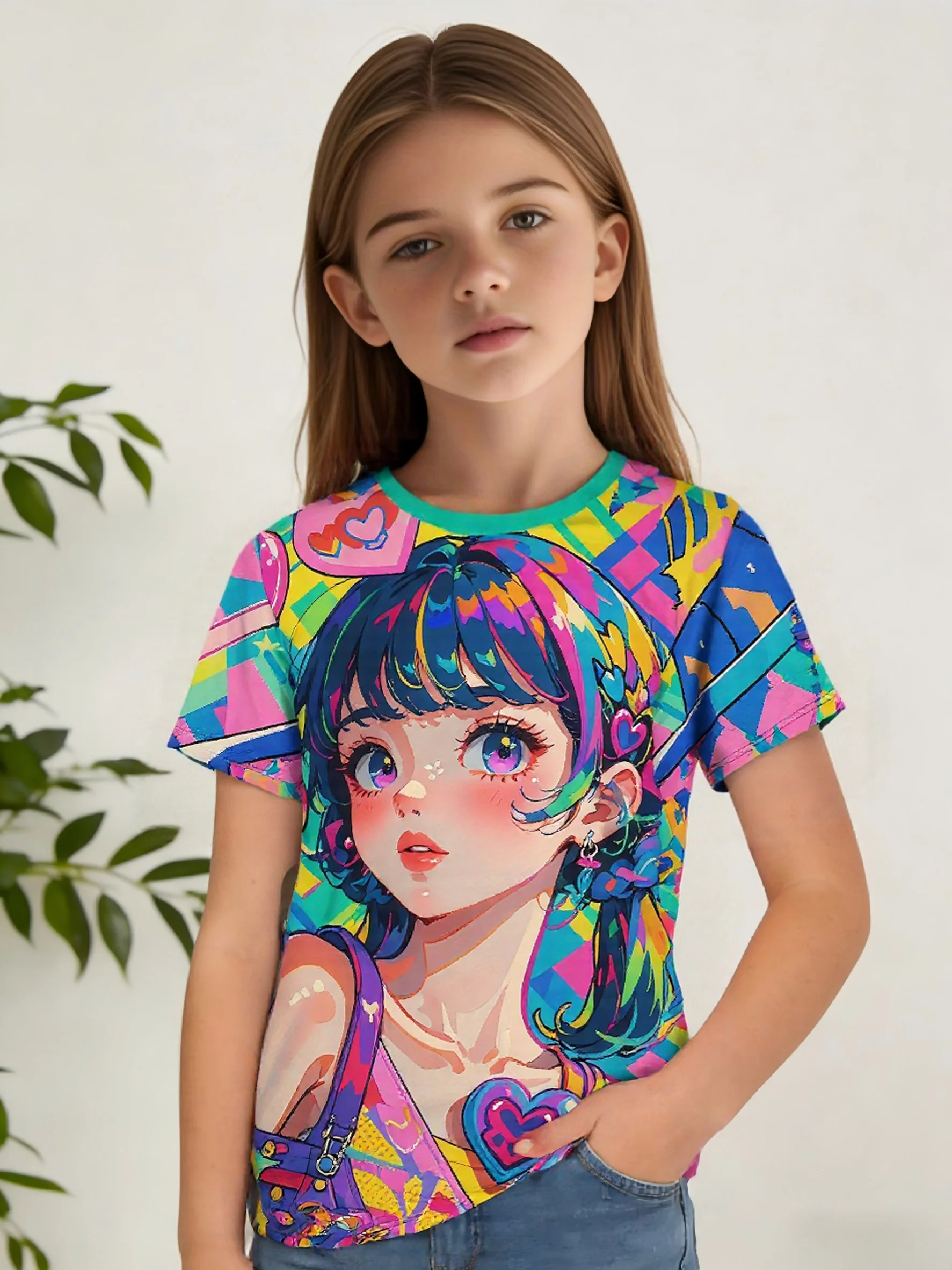 Little Girls Kawaii Anime Graphic Tee, Vibrant Multicolor Print Cute Anime Girl Kids Summer Casual T-Shirt
