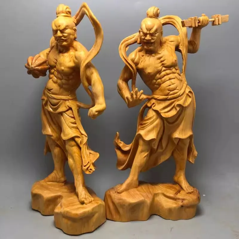 Natural Solid Wood Grand Marshal Marshals Hum Ha Two Will Door God Statue Hand-Carved Home Room Office Decor Figure Statue Suit view 4
