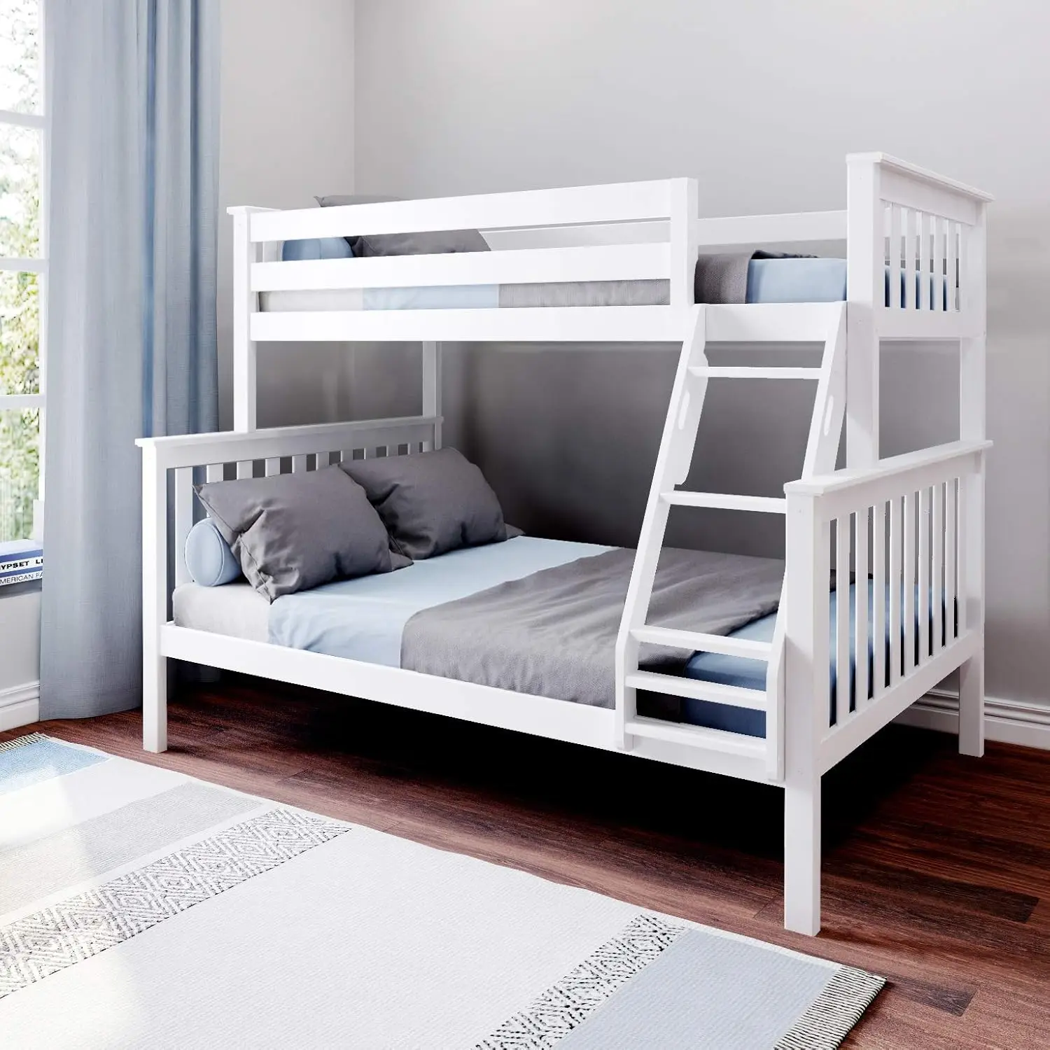 Max & Lily Bunk Bed Twin Over Full Size Ladder Solid Wood Platform Bed Frame Kids 14" Safety Guardrails Easy Assembly White