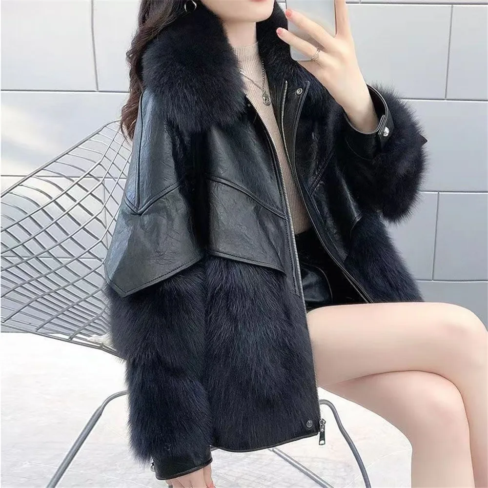 Women\'S PU Leather Loose Coat, Faux Fox Hair, Splice, Mid-Length, Thickened, Warm, Fashion, New, Winter, 2024