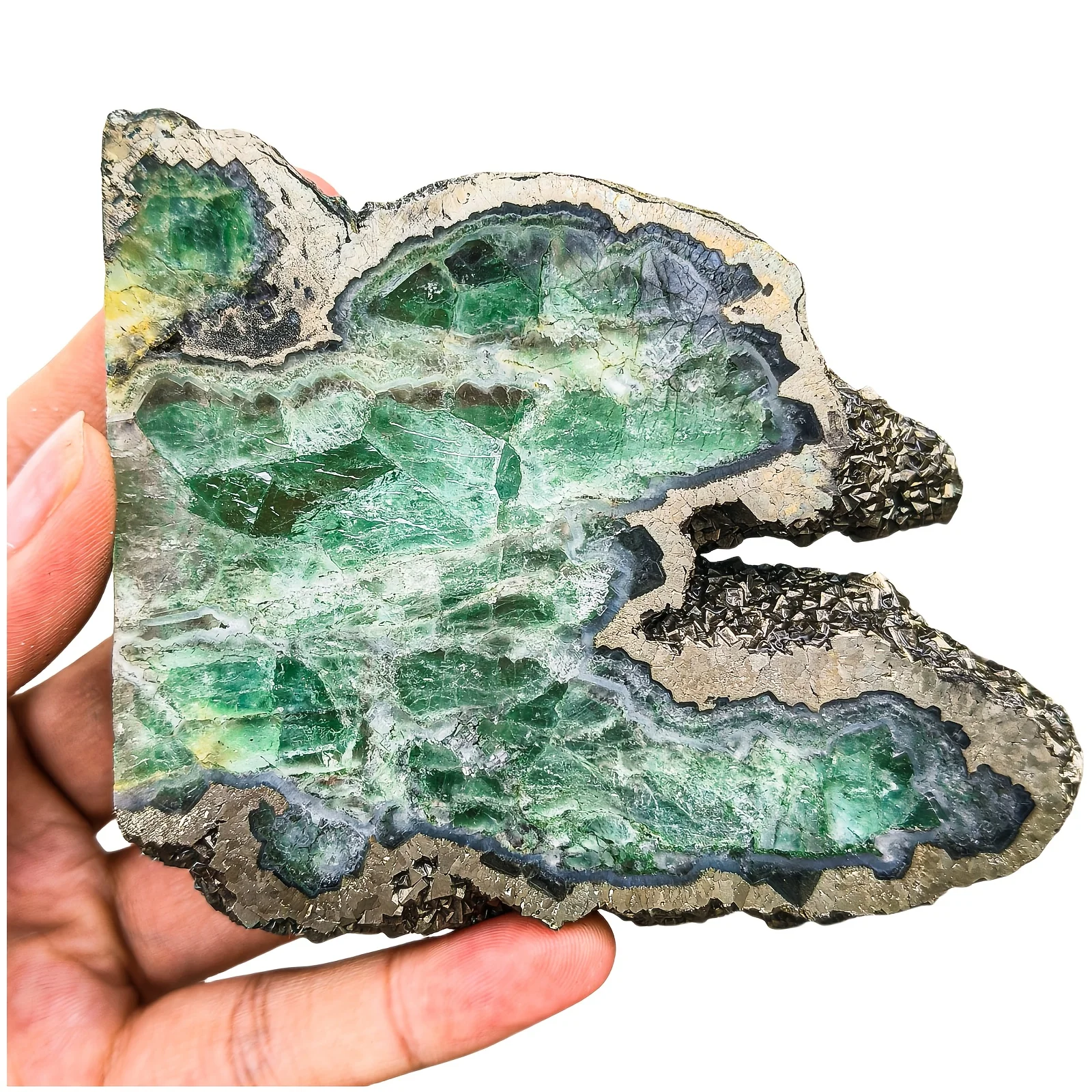 

1pc Green Fluorite & Iron Ore Specimen Slice - Bohemian-Style Natural Crystal Stone with Fresh Green