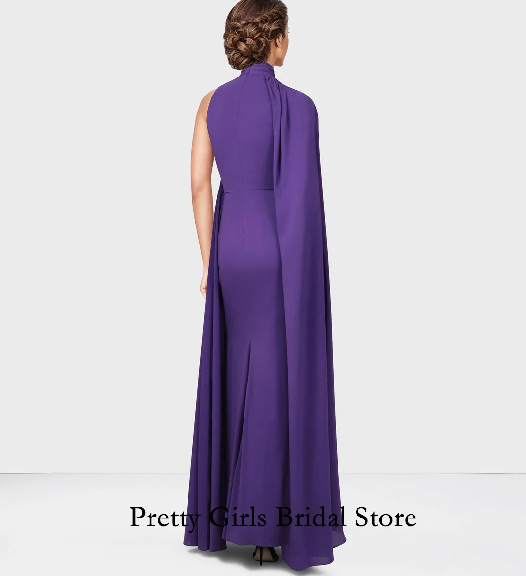 Arabic Morden Style High Neck Draped Evening Dresses With Cape Sleeves Chiffon Purple Formal Prom Growns Party Women Bride