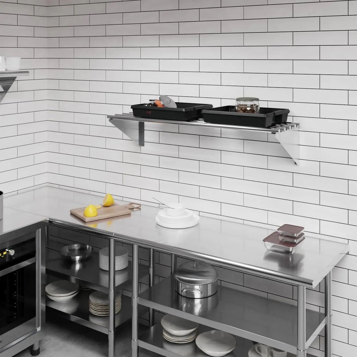 Heavy Duty Stainless Steel Wall Shelf, 48 in. x 14 in., NSF Certified 18 Gauge 430, 205 lb Capacity, Open Tubular Design for Glass Racks and Bus Tubs, Commercial Kitchen, Dish Room, Garage