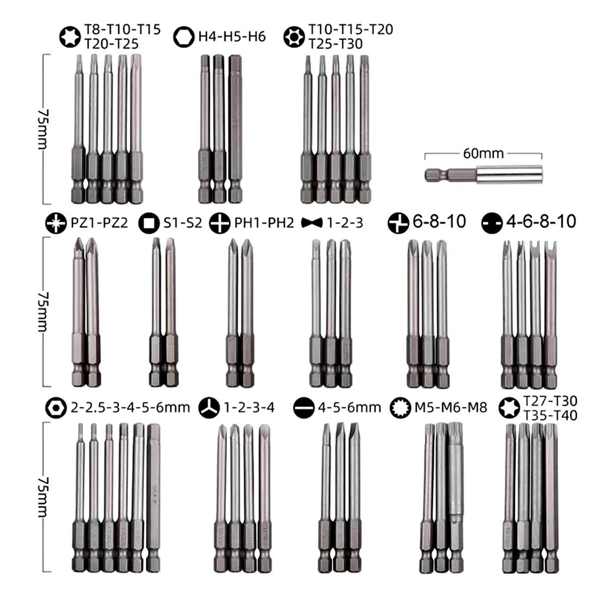 50 PC PH2 T10-30 & Impact Driver Screwdriver Bits Set Extra Long Torx Hex Spline Star Pozi Security