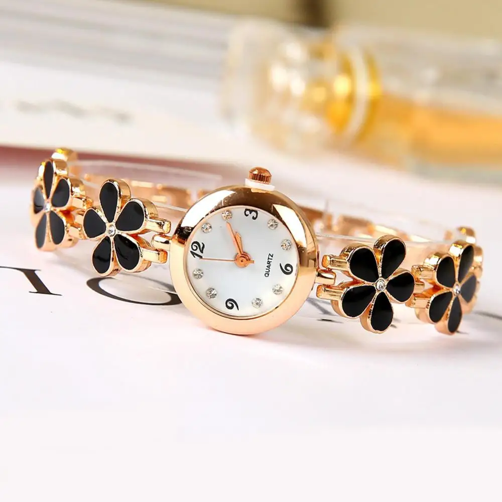 Reloj de cuarzo analógico de esfera redonda para mujer, pulsera de cadena de flores, relojes de pulsera de diamantes de imitación, relojes femeninos